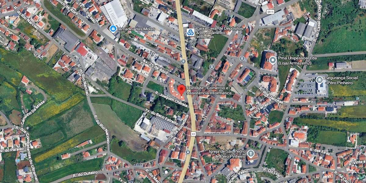 Vista aérea de Pero Pinheiro com a localização da Don Byte assinalada