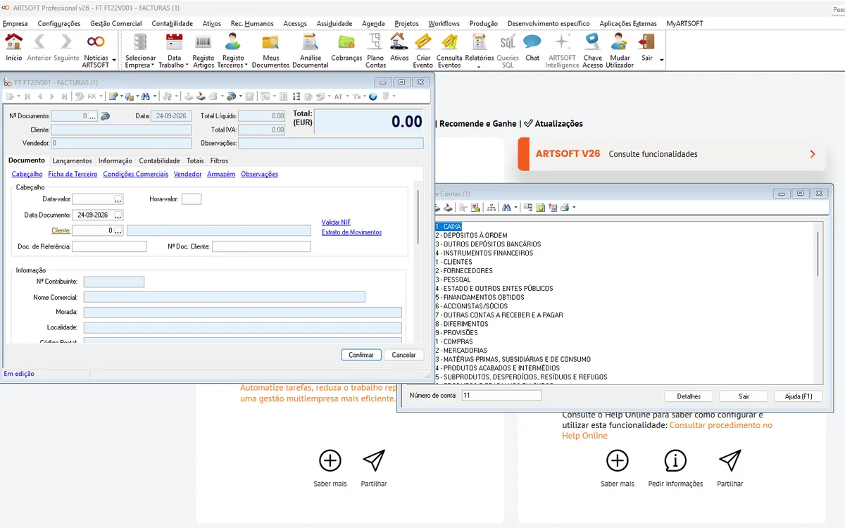 Ecrã do ARTSOFT Professional, com emissão de factura e plano de contas abertos