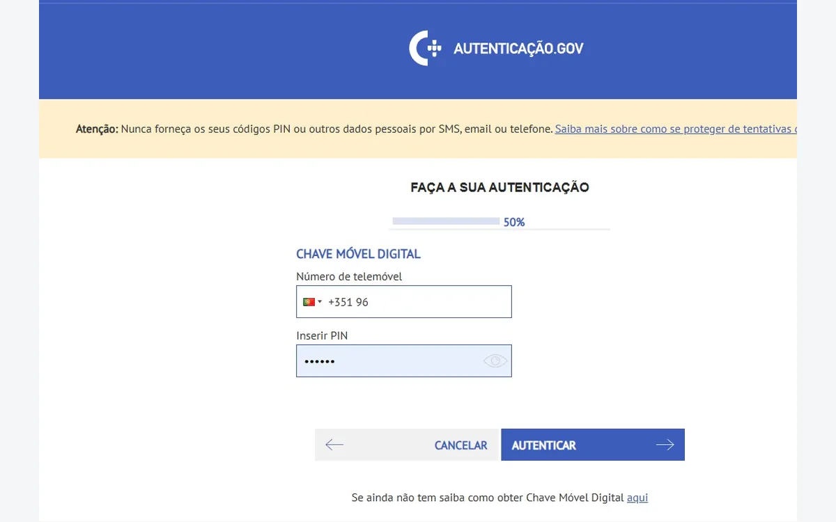 Formulário da Chave Móvel Digital com número de telemóvel e PIN