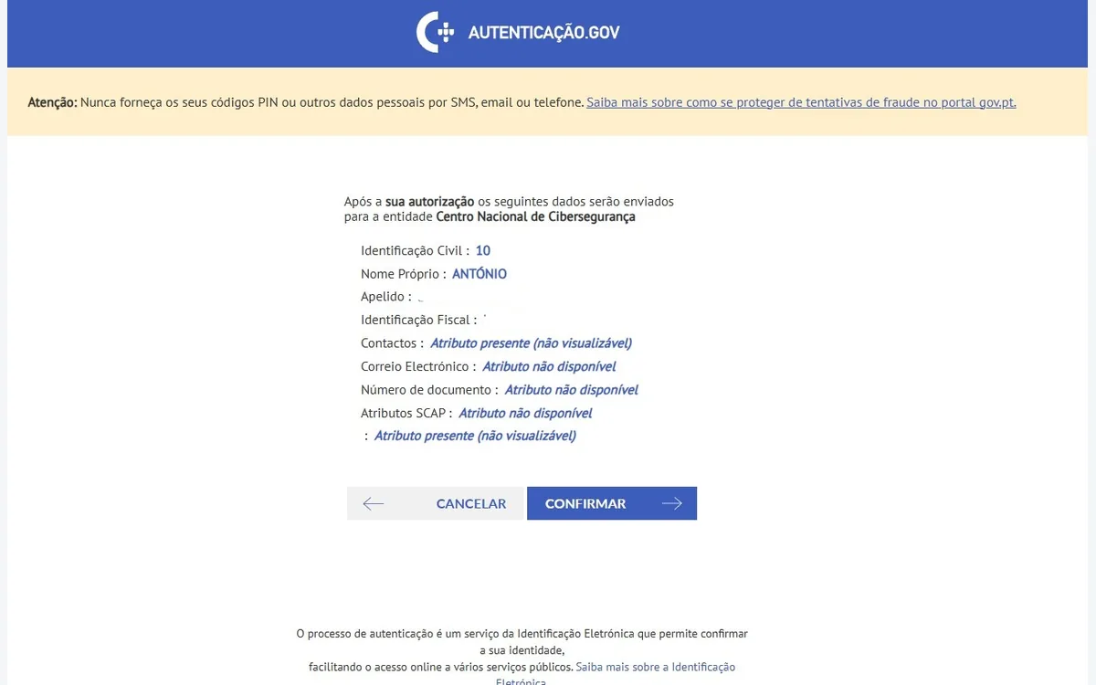 Resumo dos dados que serão enviados ao Centro Nacional de Cibersegurança