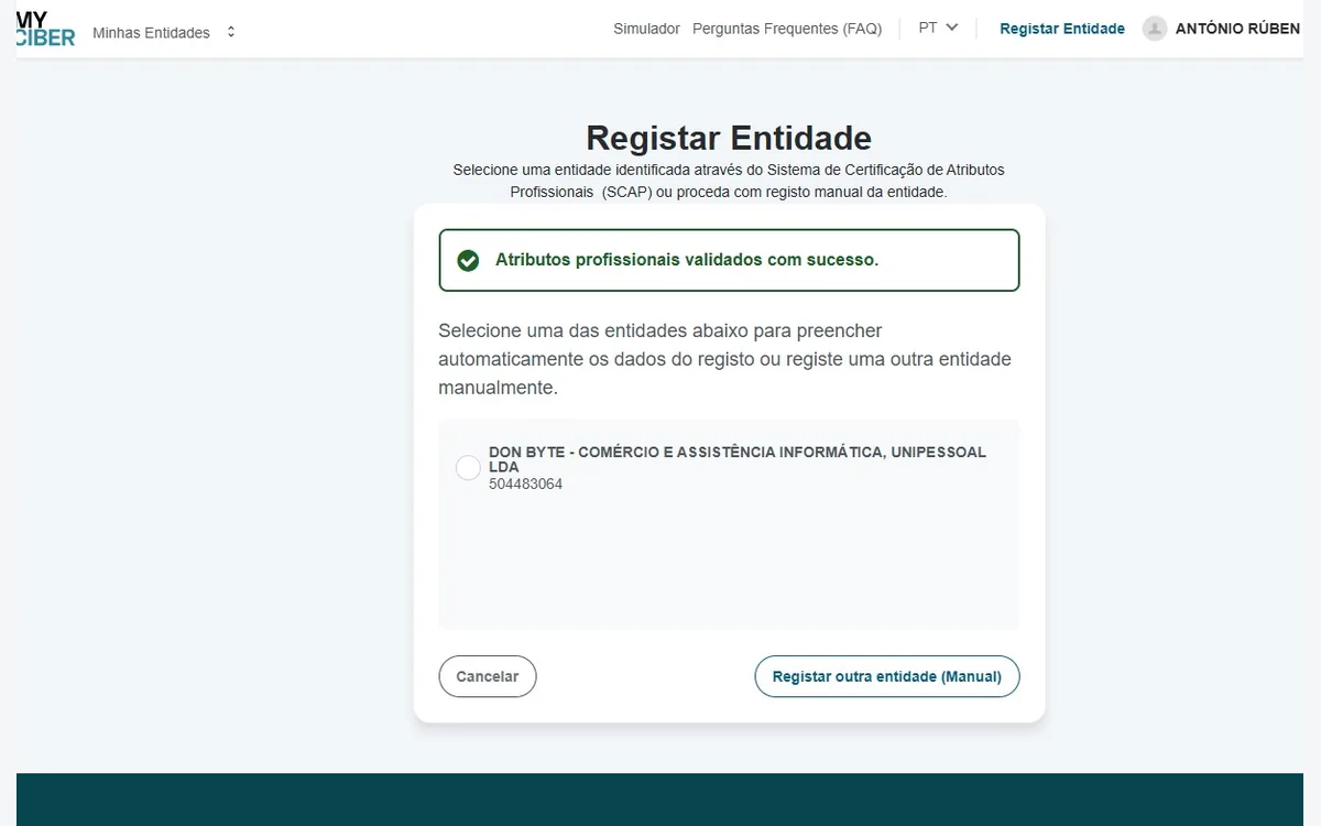 Mensagem de atributos profissionais validados, com a entidade disponível para selecção