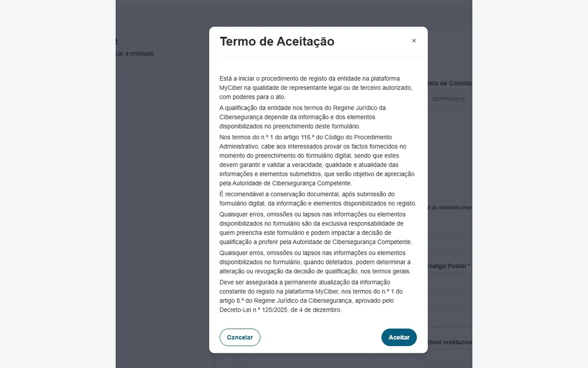 Termo de aceitação do procedimento de registo na plataforma