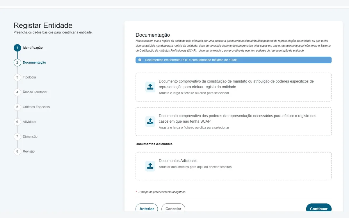 Etapa 2, Documentação, para anexar comprovativos de poderes de representação