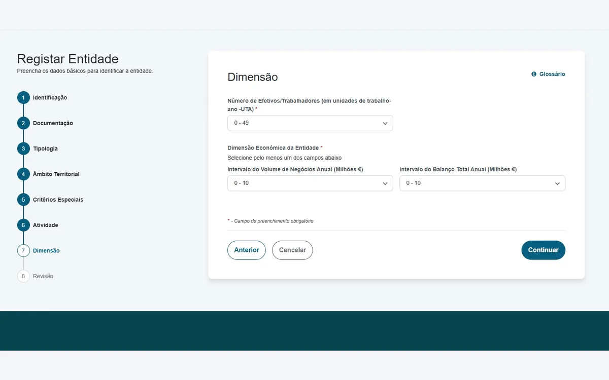 Etapa 7, Dimensão, com número de trabalhadores, volume de negócios e balanço
