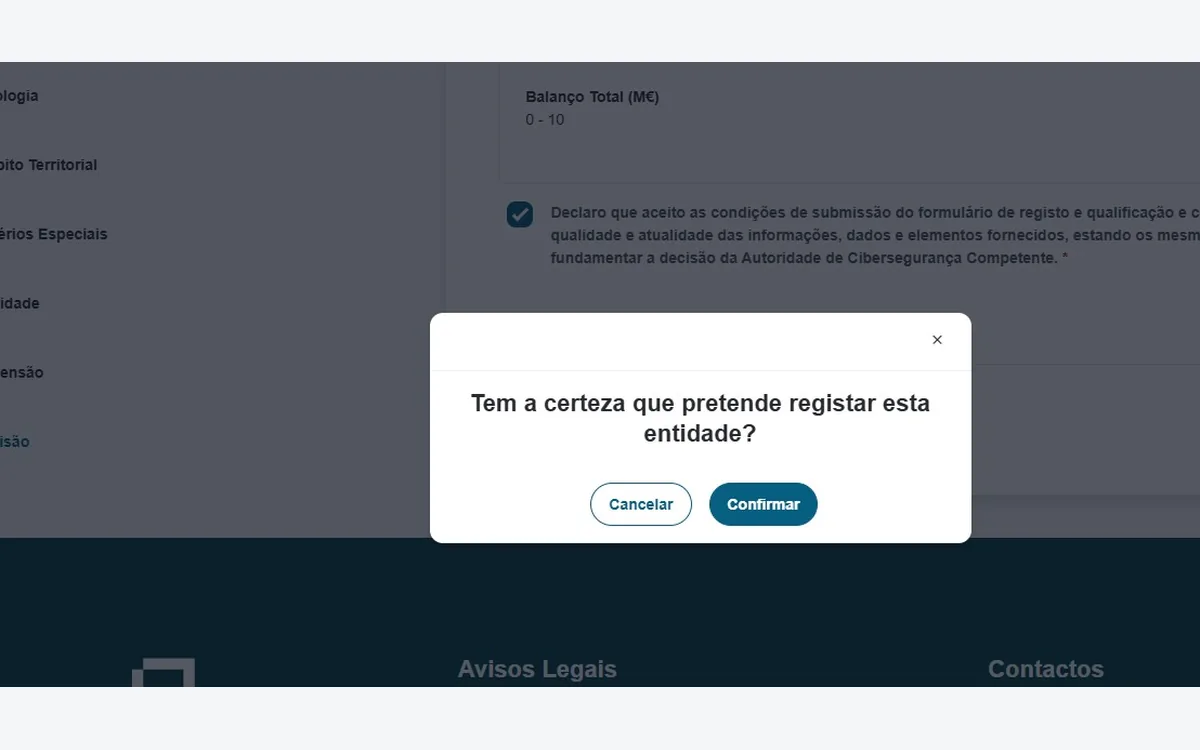 Caixa de confirmação do registo da entidade