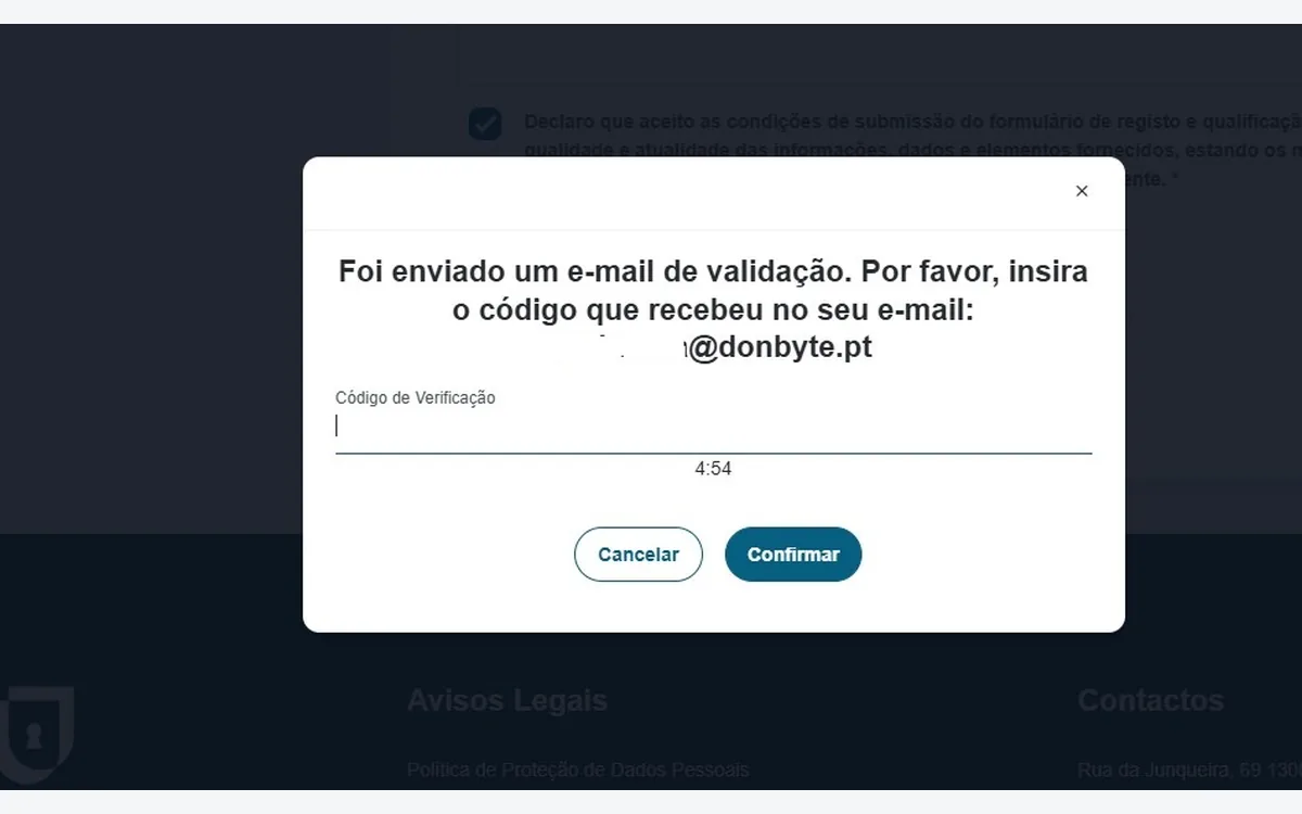 Caixa para introduzir o código de verificação enviado por email
