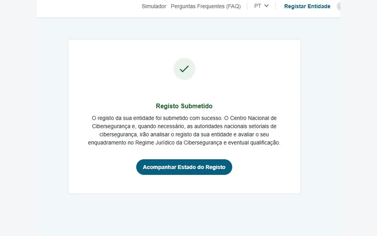 Mensagem de registo submetido com sucesso